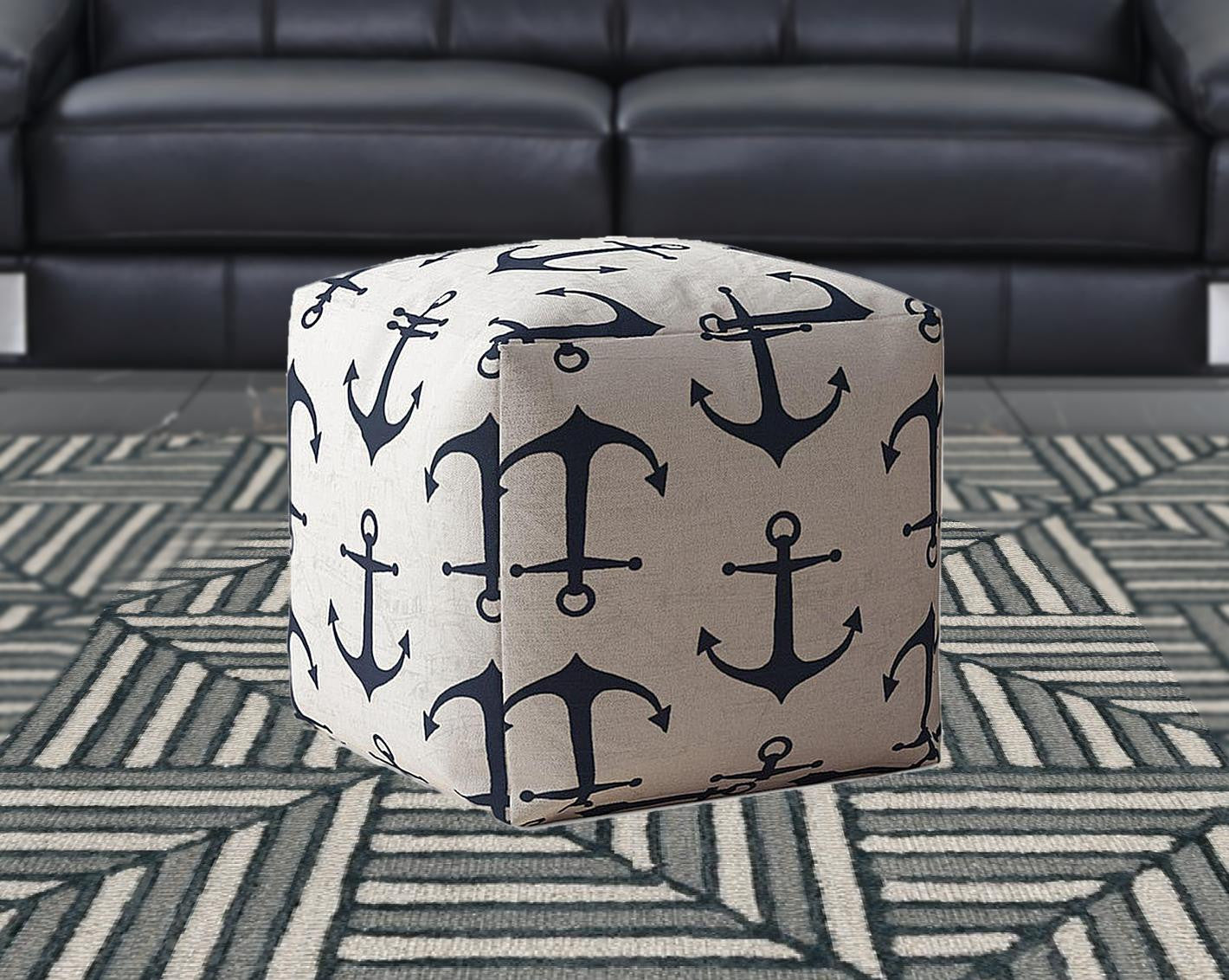 17" Blue And Gray Canvas Anchor Pouf Ottoman