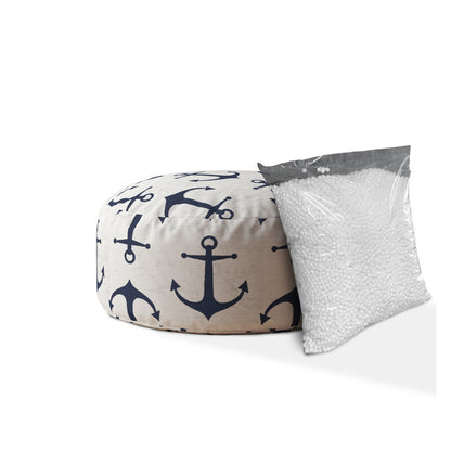 24" Blue And Gray Canvas Round Anchor Pouf Ottoman
