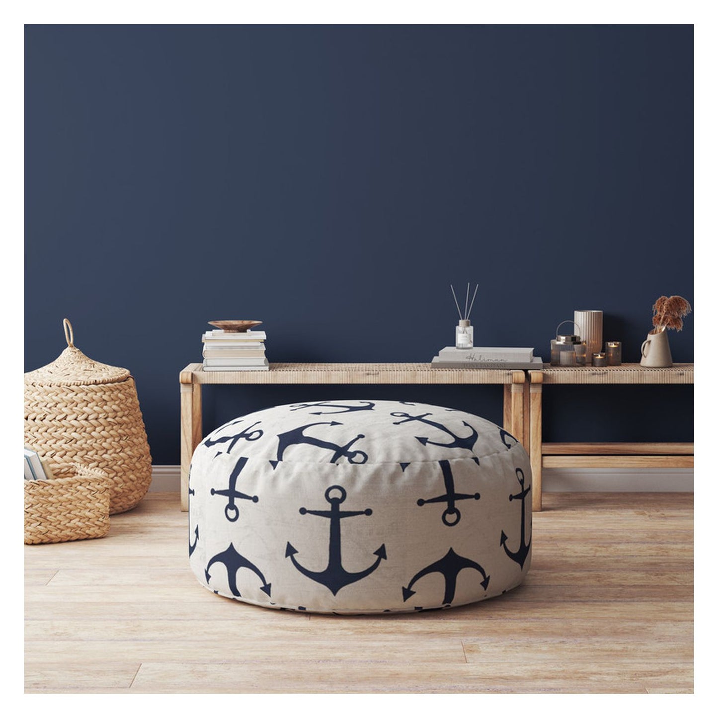 24" Blue And Gray Canvas Round Anchor Pouf Ottoman