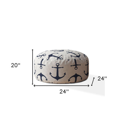 24" Blue And Gray Canvas Round Anchor Pouf Ottoman