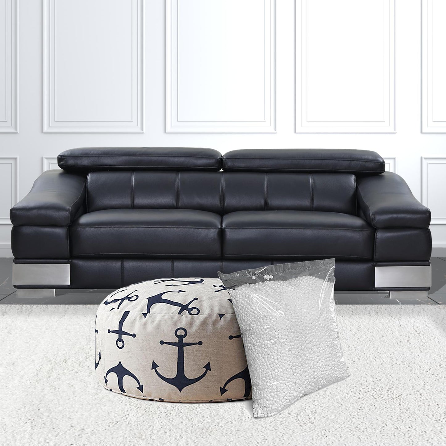 24" Blue And Gray Canvas Round Anchor Pouf Ottoman