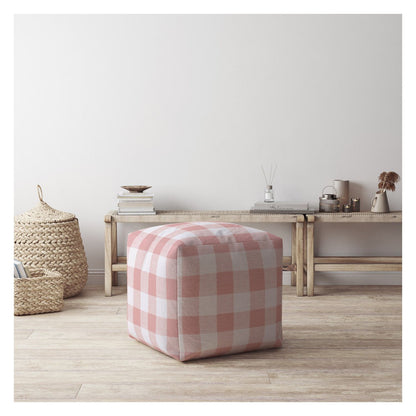 17" Pink And White Cotton Gingham Pouf Ottoman