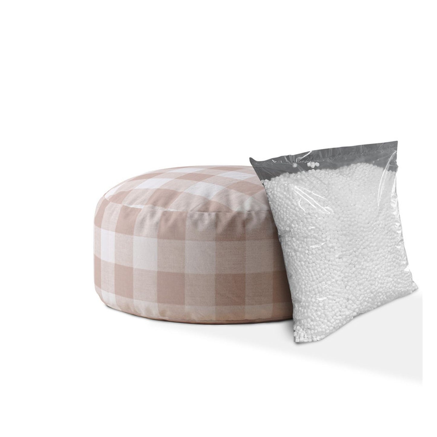 24" Pink And White Cotton Round Gingham Pouf Ottoman