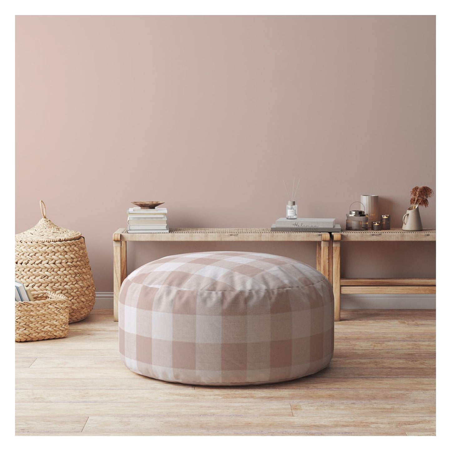 24" Pink And White Cotton Round Gingham Pouf Ottoman