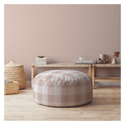 24" Pink And White Cotton Round Gingham Pouf Ottoman