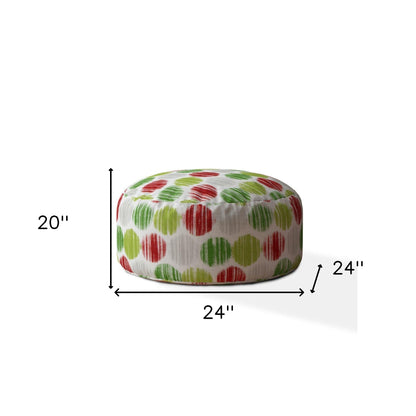 24" Green And White Cotton Round Polka Dots Pouf Ottoman