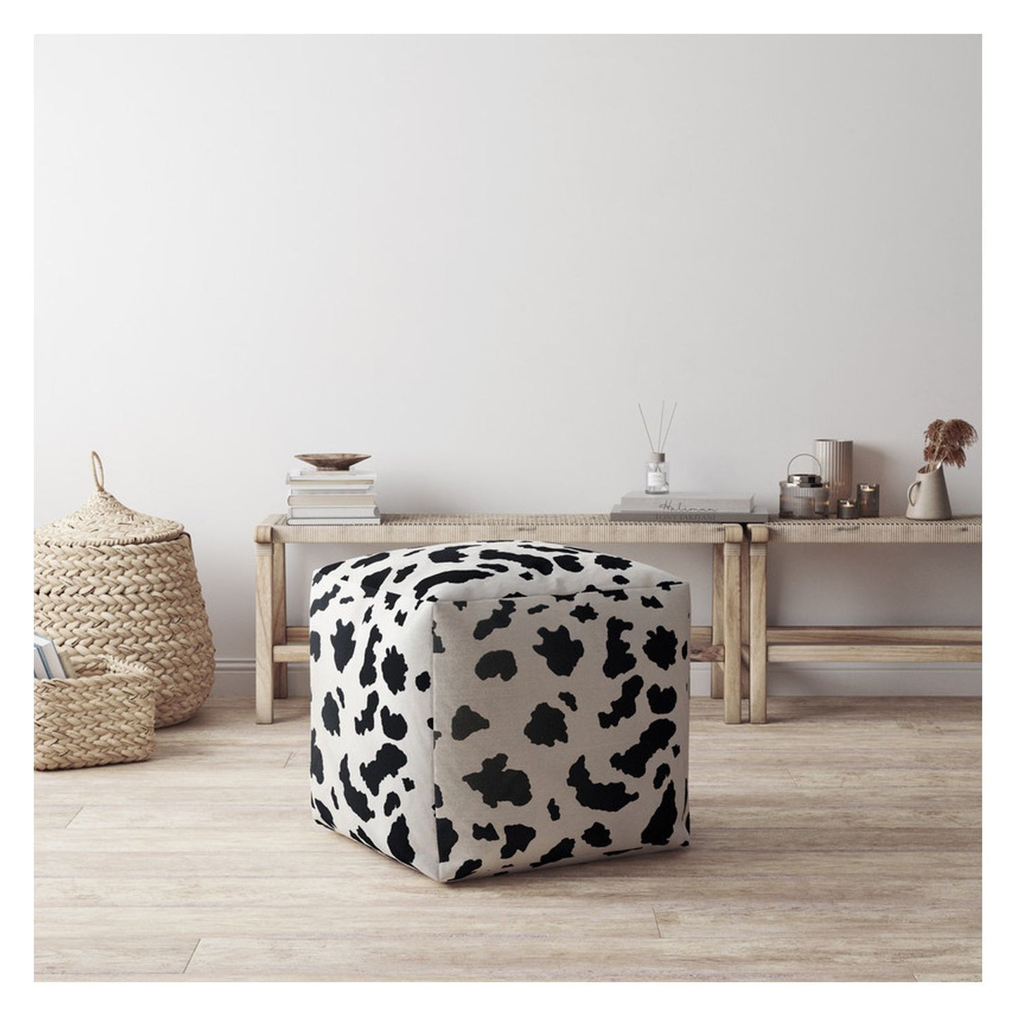 17" Black And White Twill Animal Print Pouf Ottoman