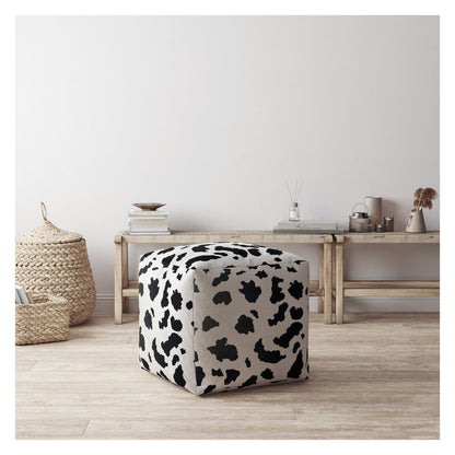 17" Black And White Twill Animal Print Pouf Ottoman