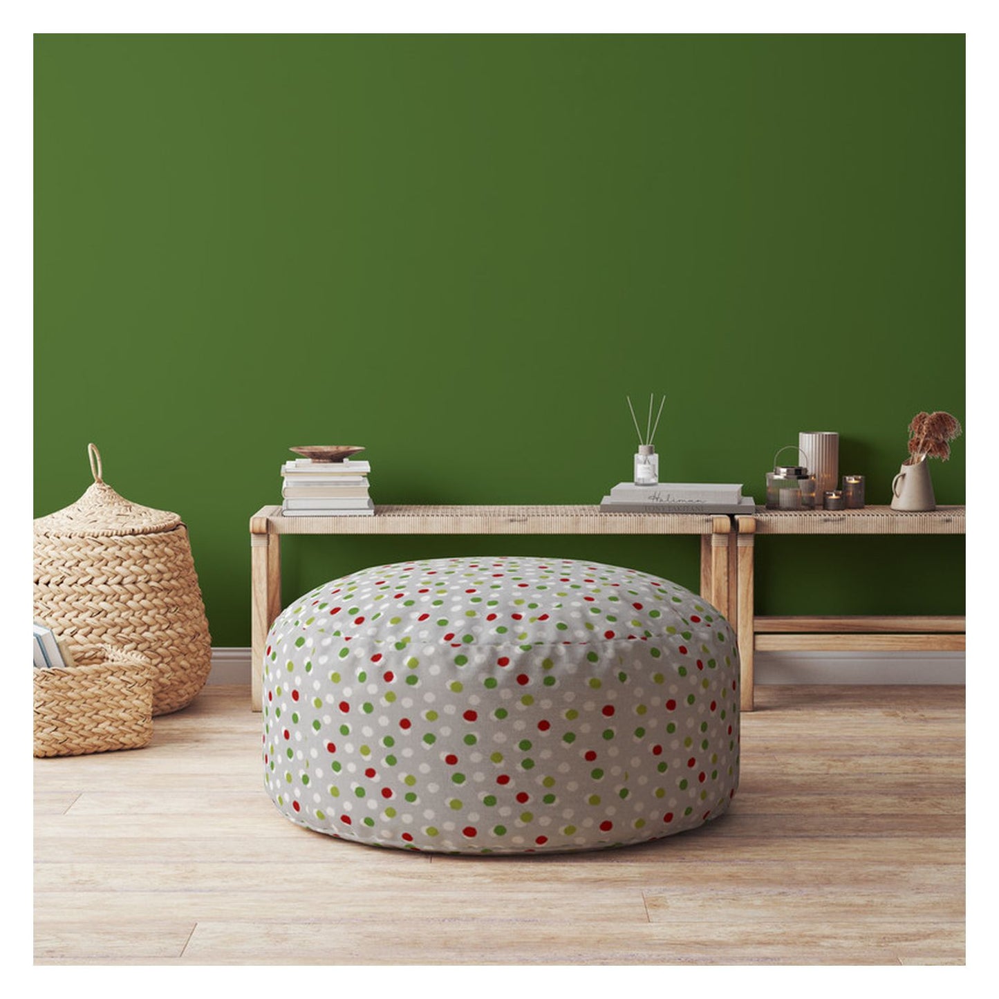 24" Green Cotton Round Polka Dots Pouf Ottoman