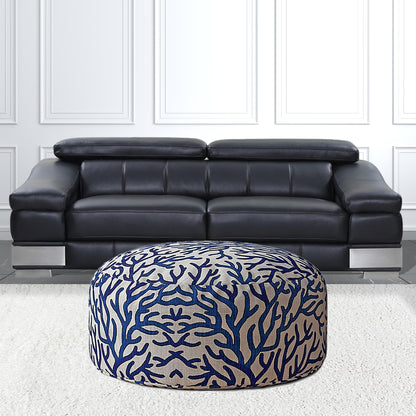 24" Blue Canvas Round Abstract Pouf Ottoman