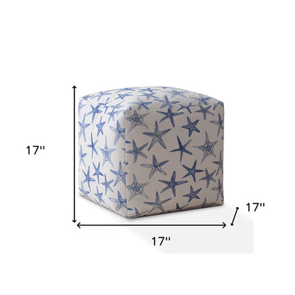 17" Blue And White Canvas Abstract Pouf Cover