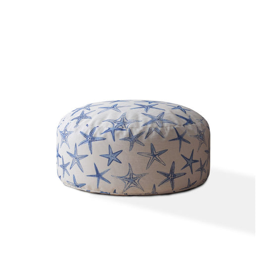 24" Blue And White Canvas Round Abstract Pouf Cover