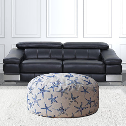 24" Blue And White Canvas Round Abstract Pouf Cover