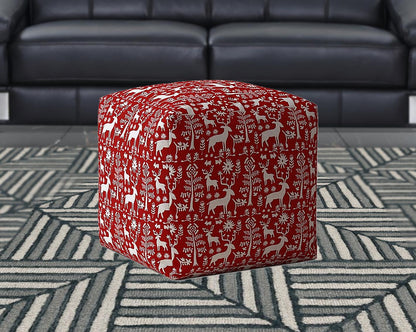 17" Red And White Cotton Stag Pouf Cover