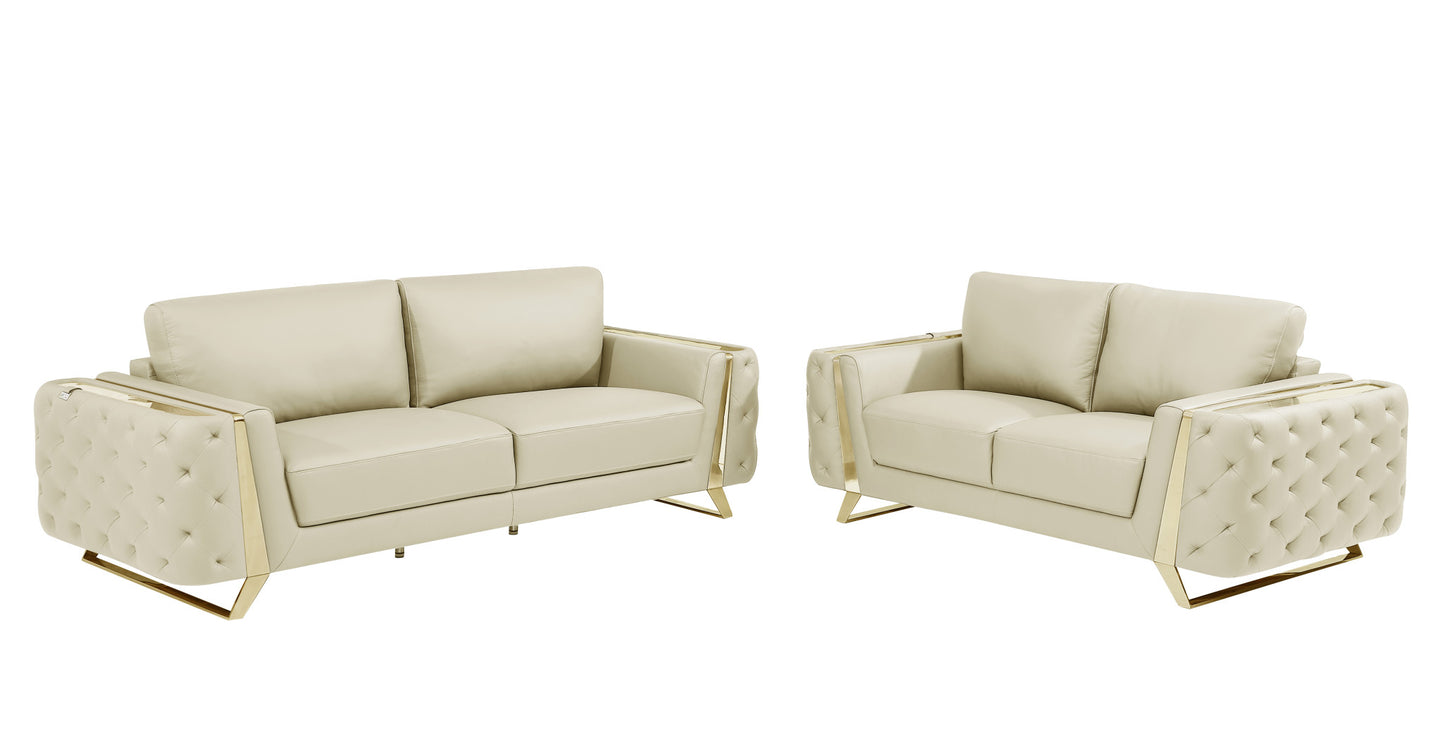 Two Piece Indoor Beige Italian Leather Five Person Seating Set