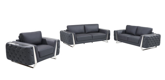 Three Piece Indoor Dark Gray Italian Leather Six Person Seating Set