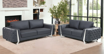 Two Piece Indoor Dark Gray Italian Leather Five Person Seating Set