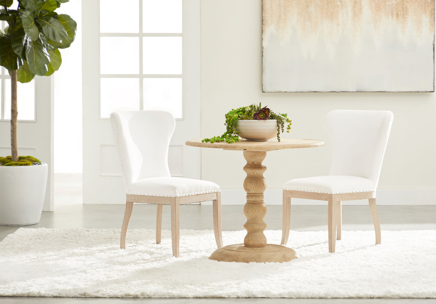 Set Of Two White And Brown Upholstered Polyester Side Chairs