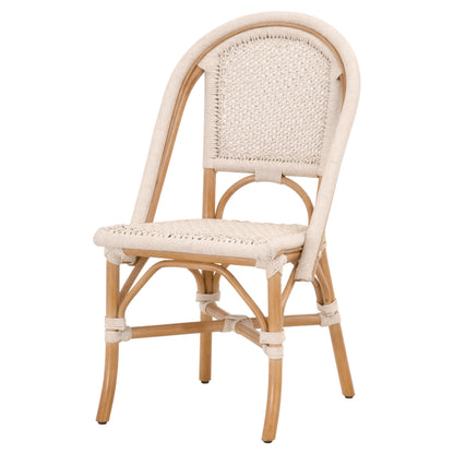 Set Of Two White And Brown Fabric Rattan Bentwood Back Side Chairs