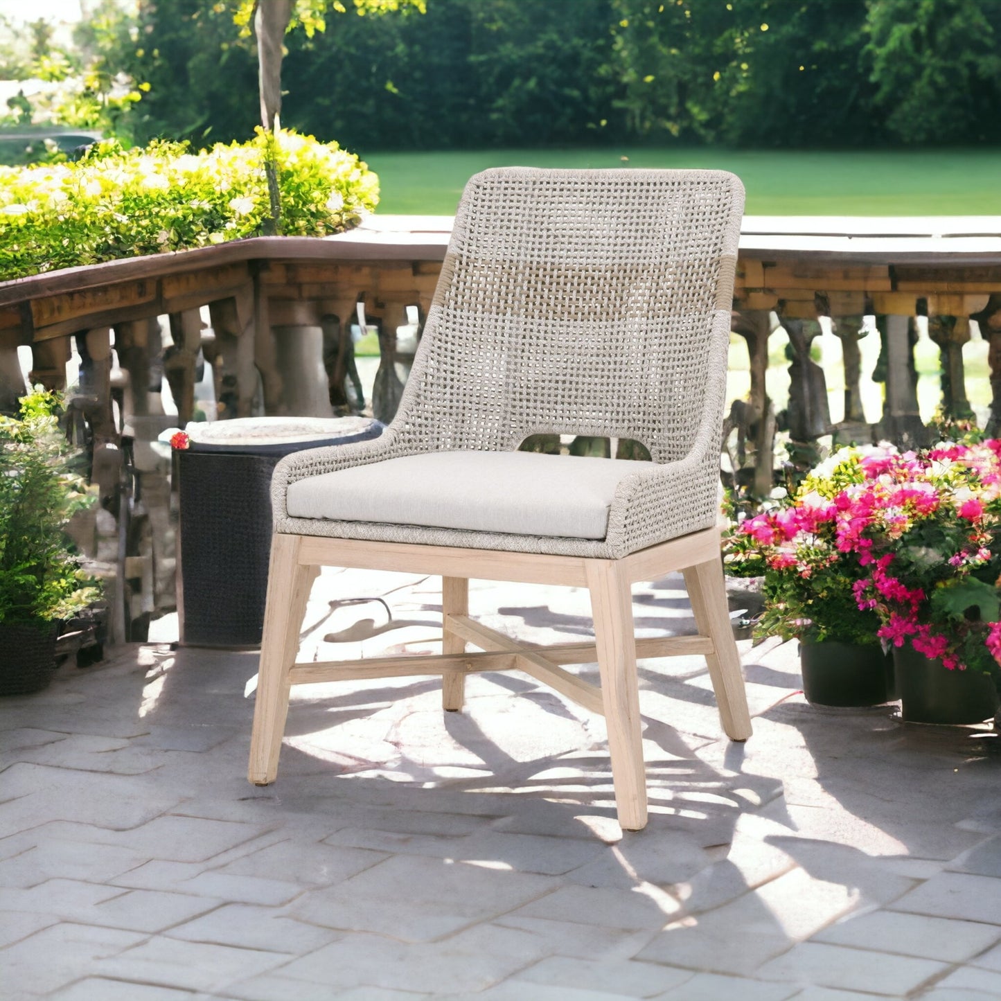 25" Set Of Two Taupe And Natural Solid Wood Dining Chair With Gray Cushion