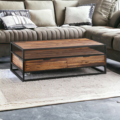 50" Brown And Black Solid Wood And Metal Coffee Table With Two Drawers And Shelf