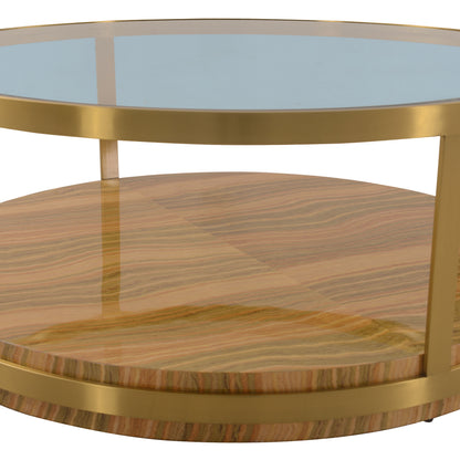 43" Clear And Natural Glass And Metal Round Coffee Table With Shelf