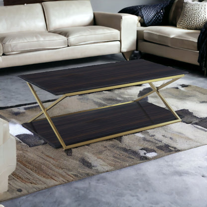 51" Dark Brown And Gold Metal Coffee Table With Shelf