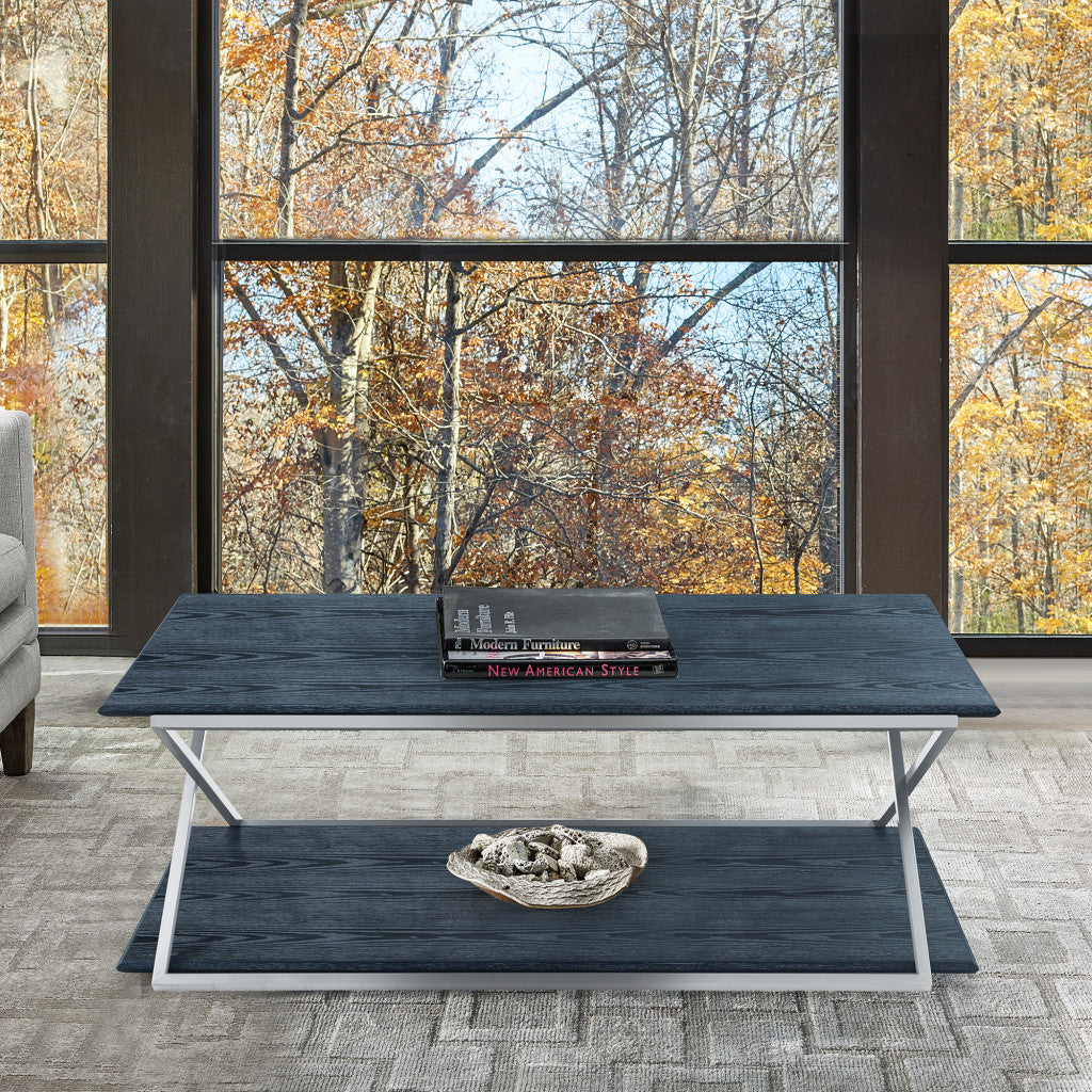51" Black And Silver Stainless Steel Coffee Table With Shelf