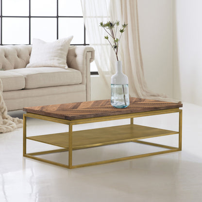 46" Brown And Brass Concrete And Brass Coffee Table With Shelf