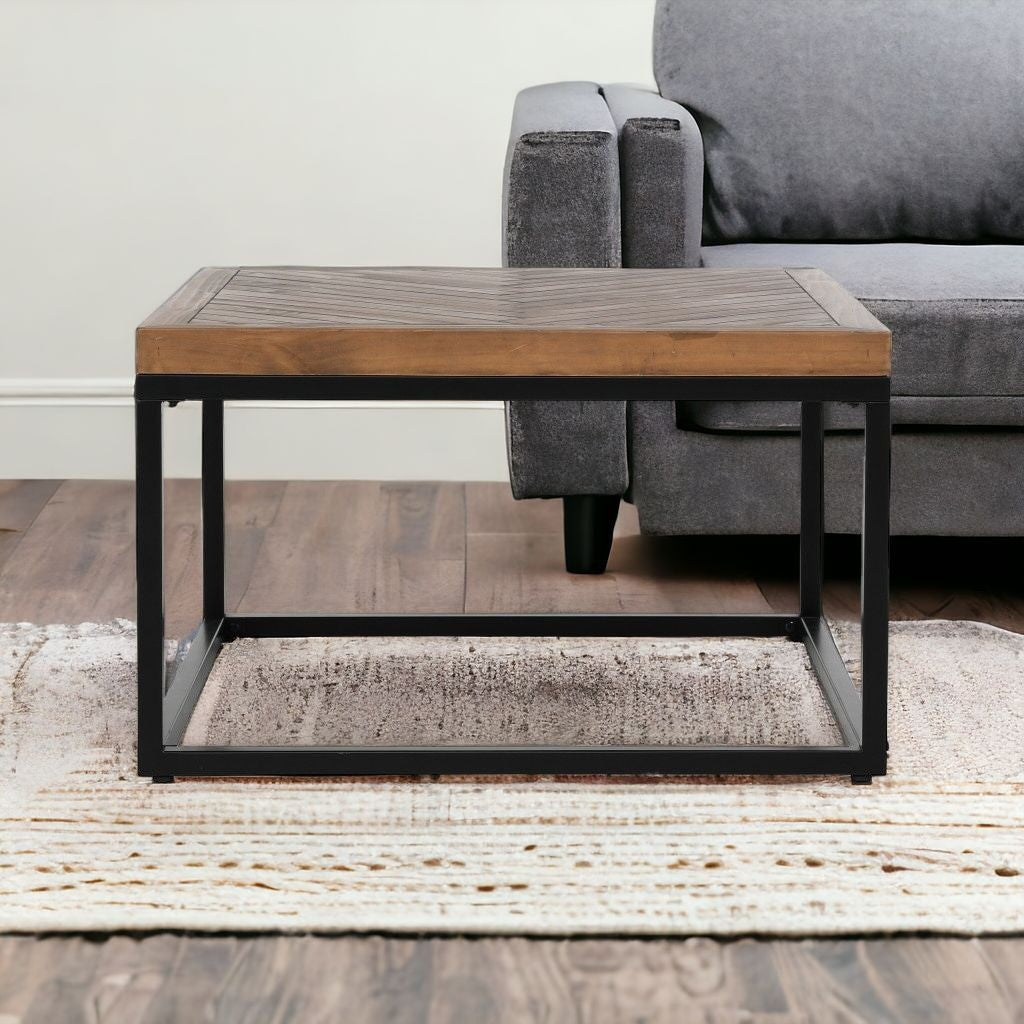30" Brown And Black Solid Wood And Iron Square Distressed Coffee Table