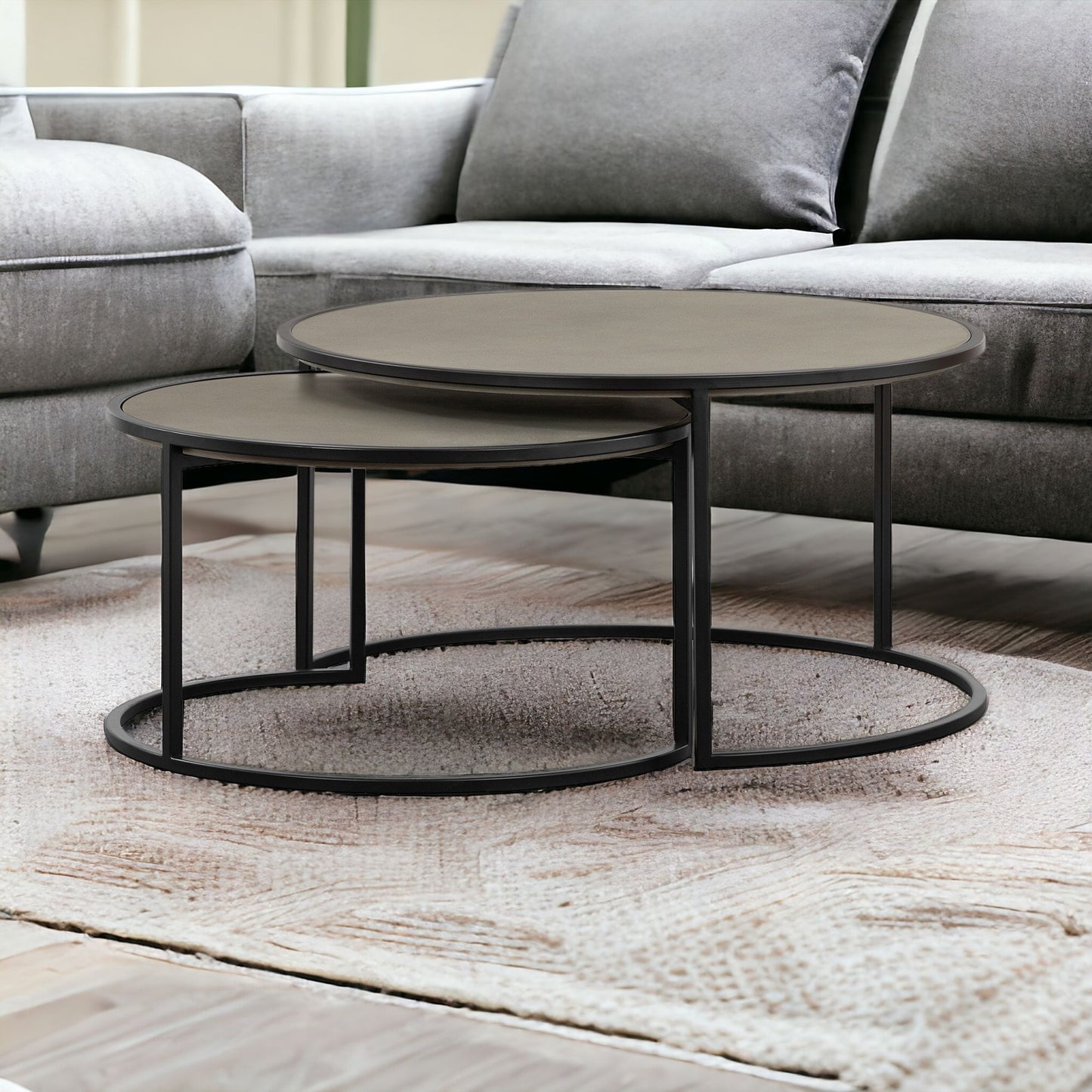 Set of Two 32" Gray And Black Concrete And Metal Round Nested Coffee Tables