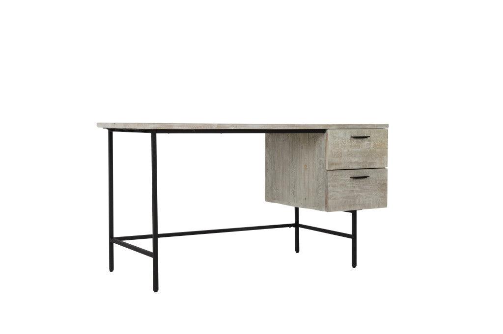 55" Ivory and Black Solid Wood Writing Desk with Two Drawers