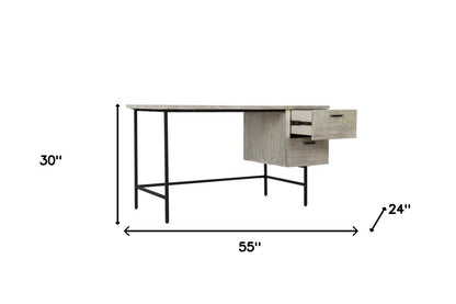 55" Ivory and Black Solid Wood Writing Desk with Two Drawers