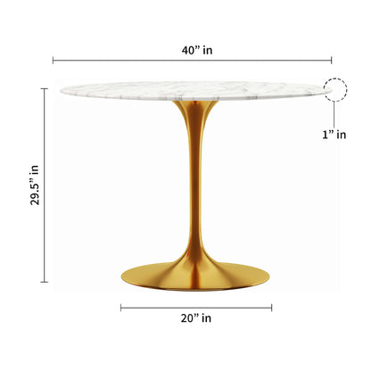 40" White And Gold Marble And Metal Dining Table