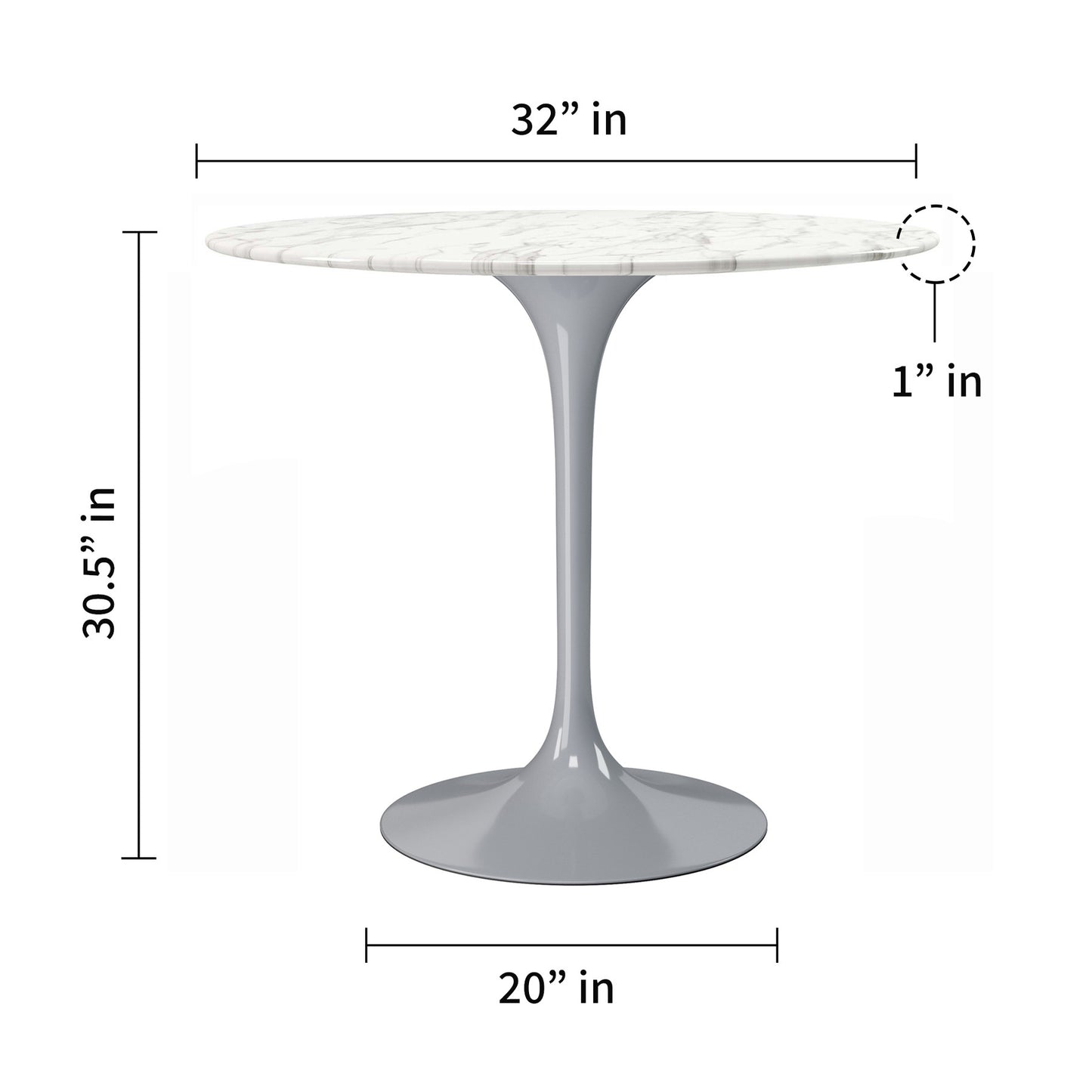 32" White And Gray Marble And Metal Dining Table