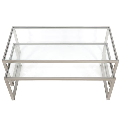Set of Two 46" Silver Glass And Steel Nested Coffee Tables