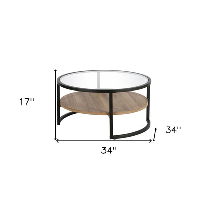 34" Brown And Black Glass And Steel Round Coffee Table With Shelf