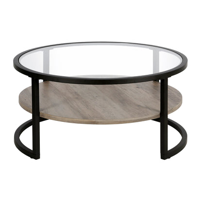 34" Black Glass And Steel Round Coffee Table With Shelf