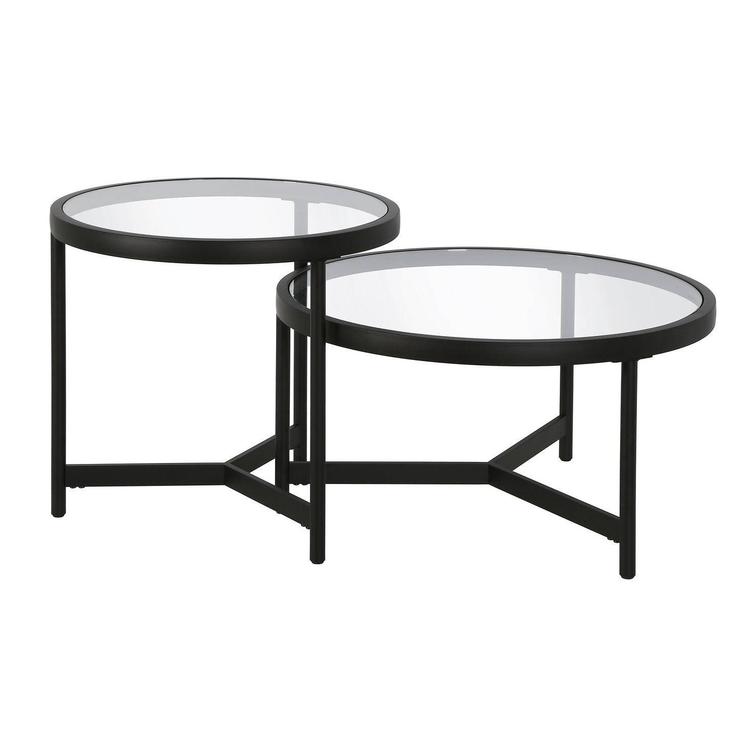 Set of Two 30" Black Glass And Steel Round Nested Coffee Tables
