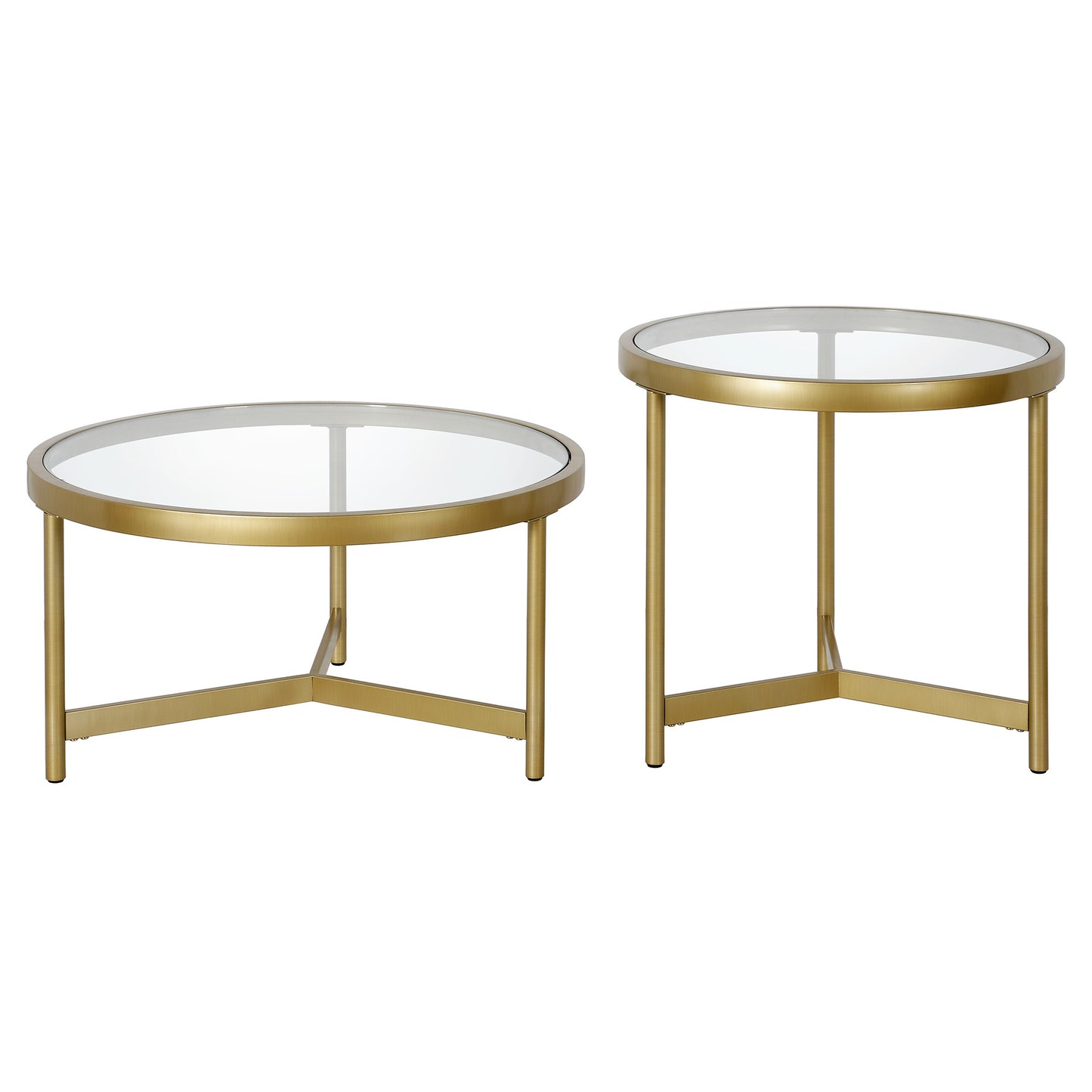 Set of Two 30" Clear And Gold Glass And Steel Round Nested Coffee Tables