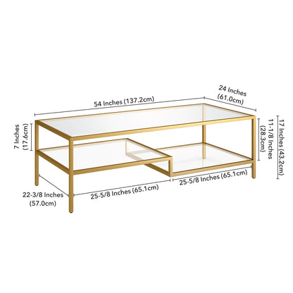 54" Gold Glass And Steel Coffee Table With Two Shelves