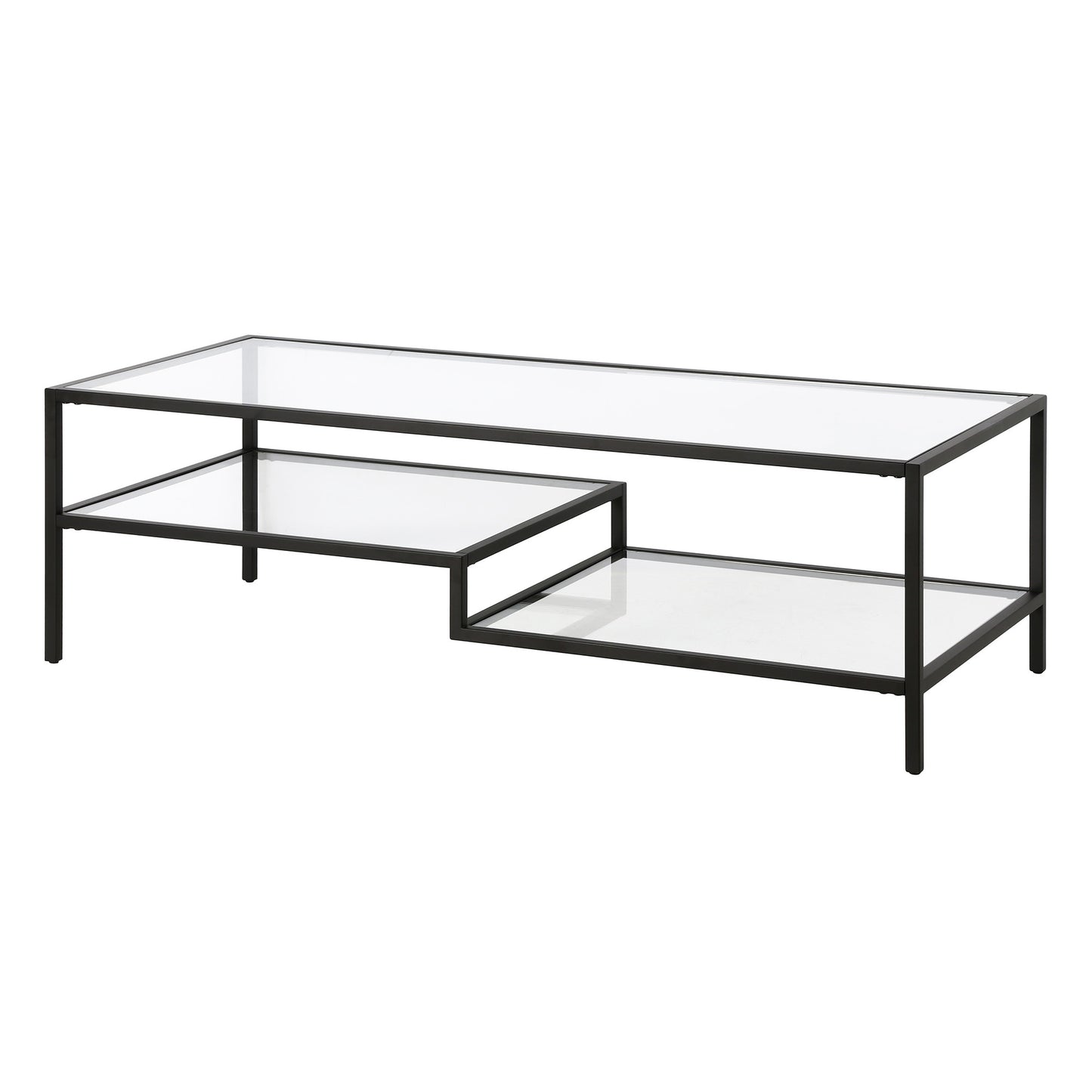 54" Black Glass And Steel Coffee Table With Two Shelves