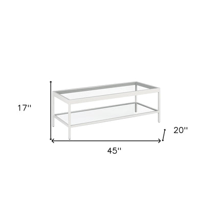 45" White Glass And Steel Coffee Table With Shelf