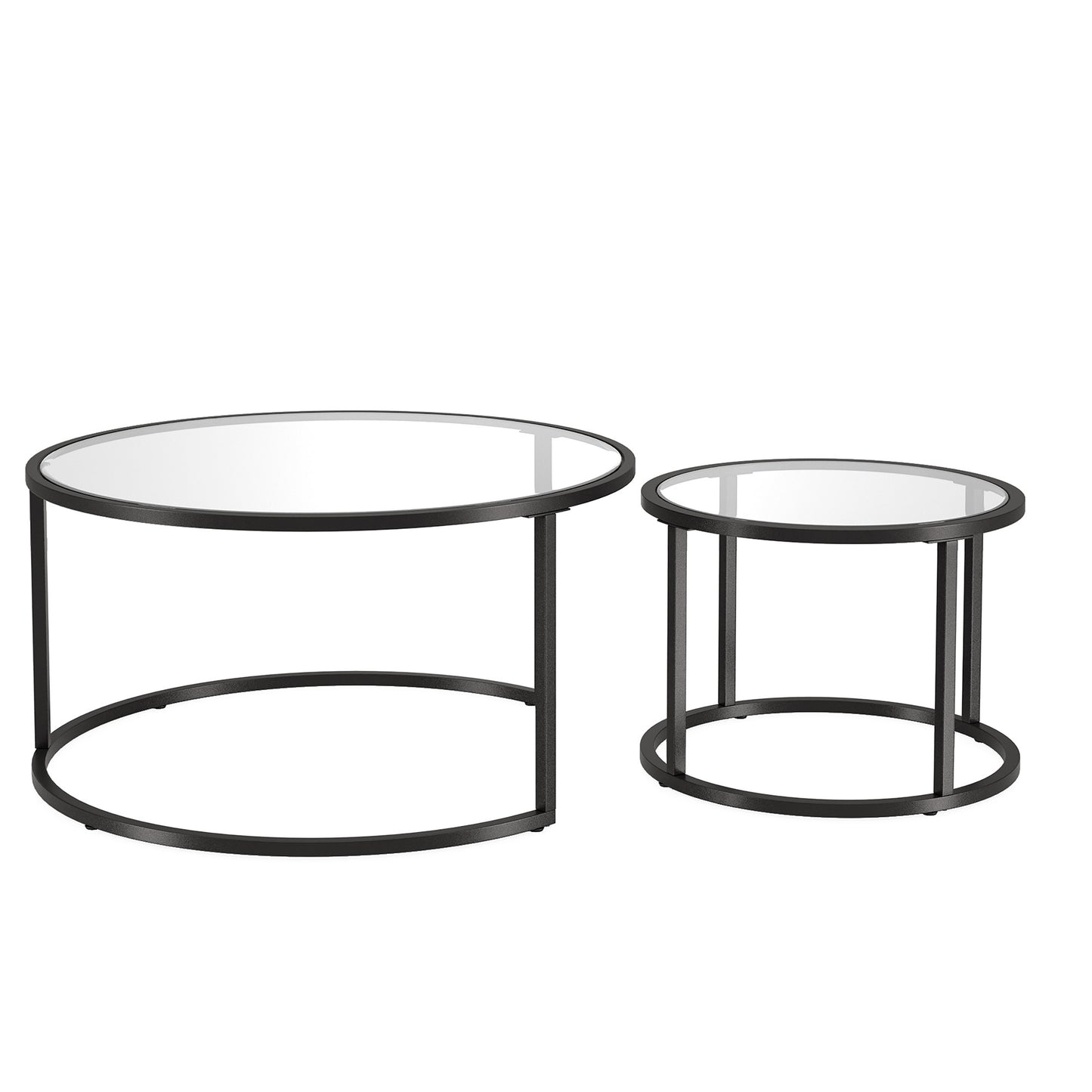 Set of Two 35" Black Glass And Steel Round Nested Coffee Tables