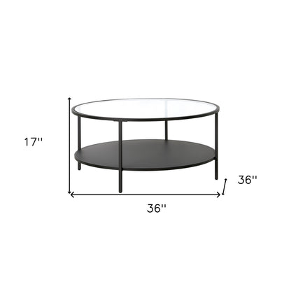 36" Black Glass And Steel Round Coffee Table With Shelf