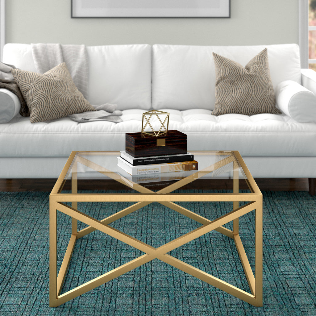 32" Gold Glass And Steel Square Coffee Table