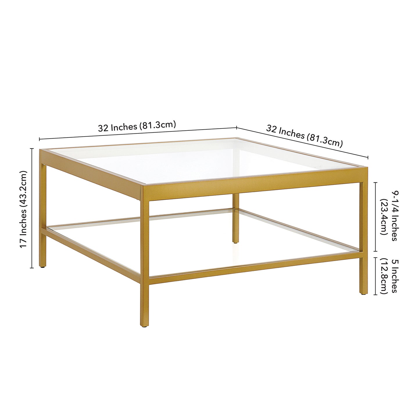 32" Gold Glass And Steel Square Coffee Table With Shelf