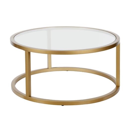 35" Gold Glass And Steel Round Coffee Table