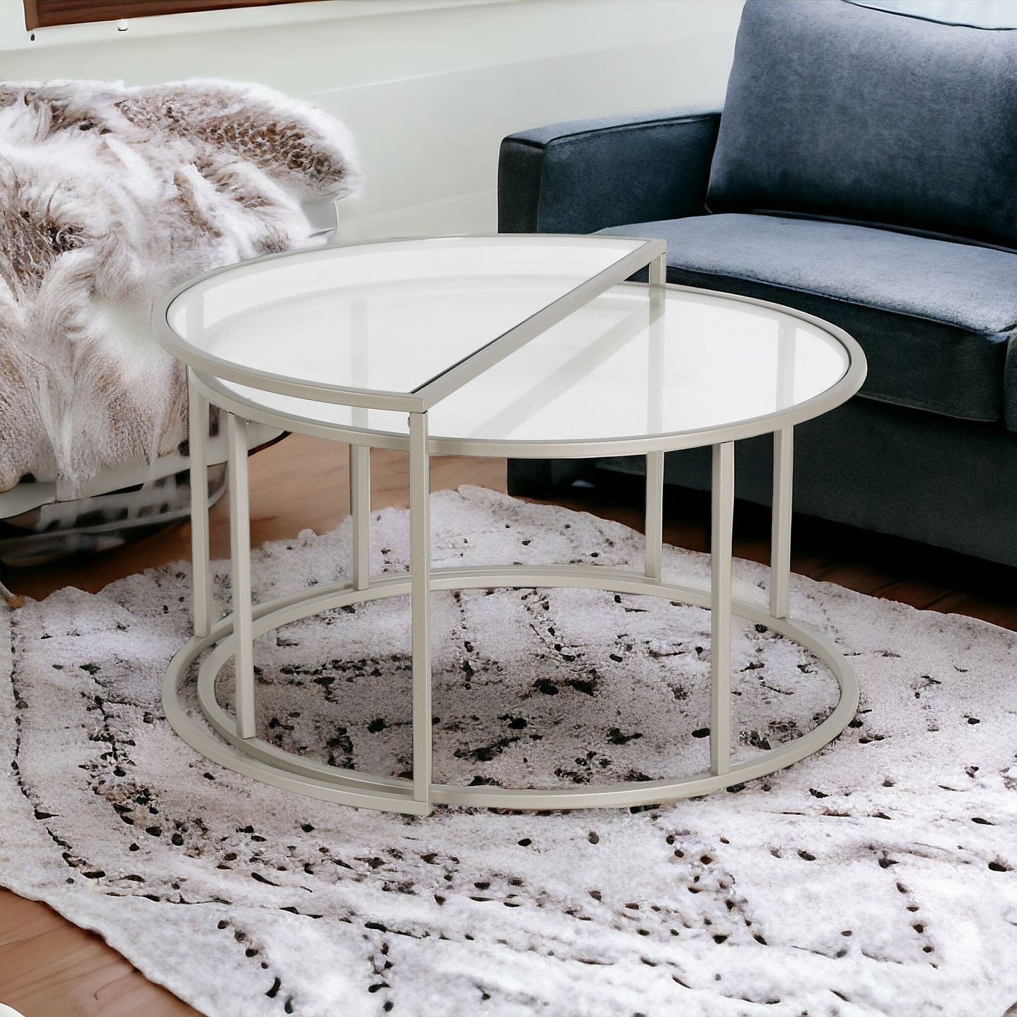 Set of Two 33" Silver Glass And Steel Half Circle Nested Coffee Tables