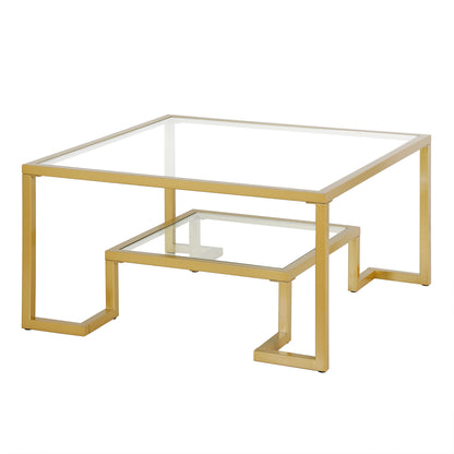 32" Gold Glass And Steel Square Coffee Table With Shelf